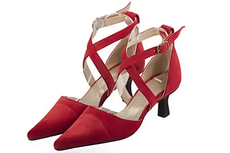 Cardinal red women's open side shoes, with crossed straps. Pointed toe. Medium spool heels. Front view - Florence KOOIJMAN